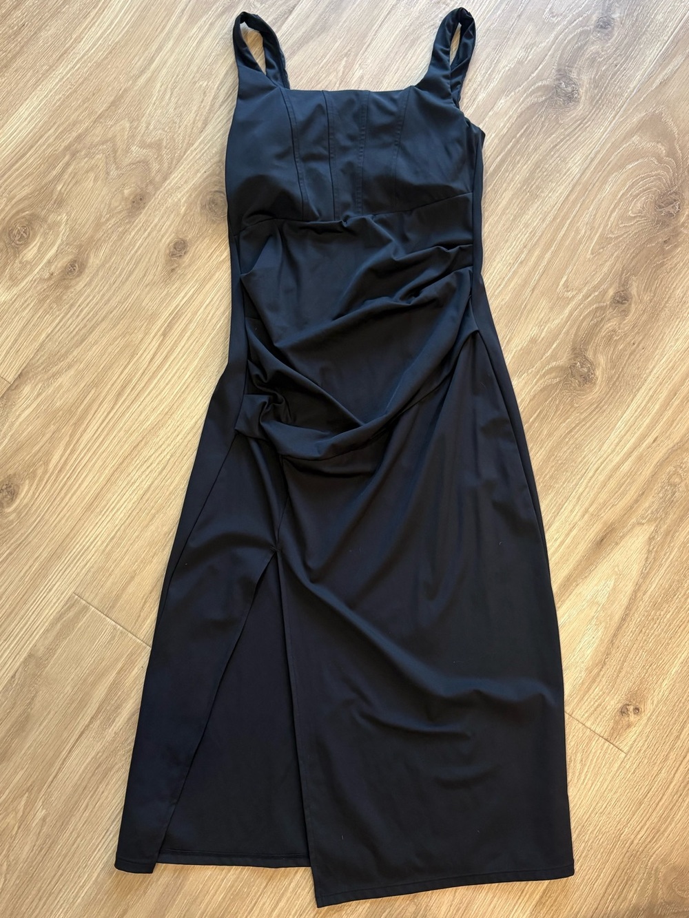 Halara SoftlyZero Airy Black Corset Ruched Bodycon Midi Dress – S